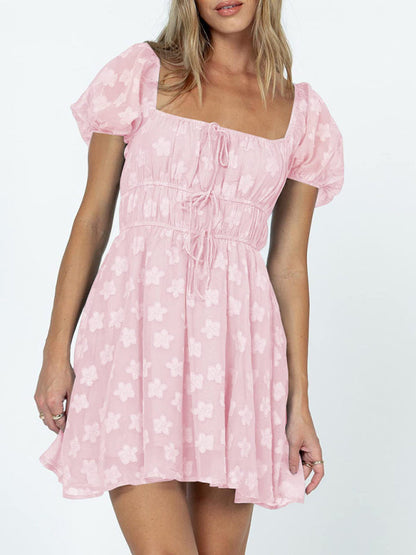 Tie-Up Women's A-Line Dress with Romantic Floral Print and Square Neckline