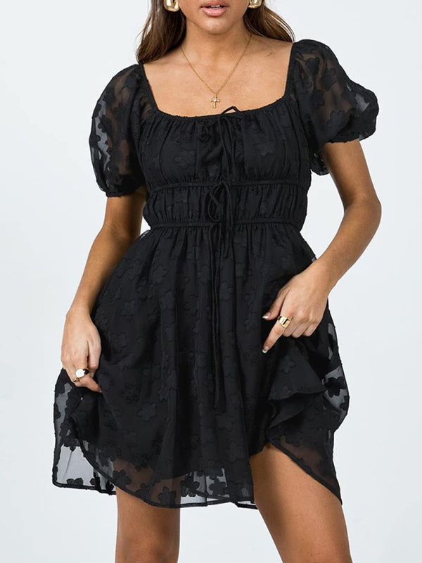 Tie-Up Women's A-Line Dress with Romantic Floral Print and Square Neckline