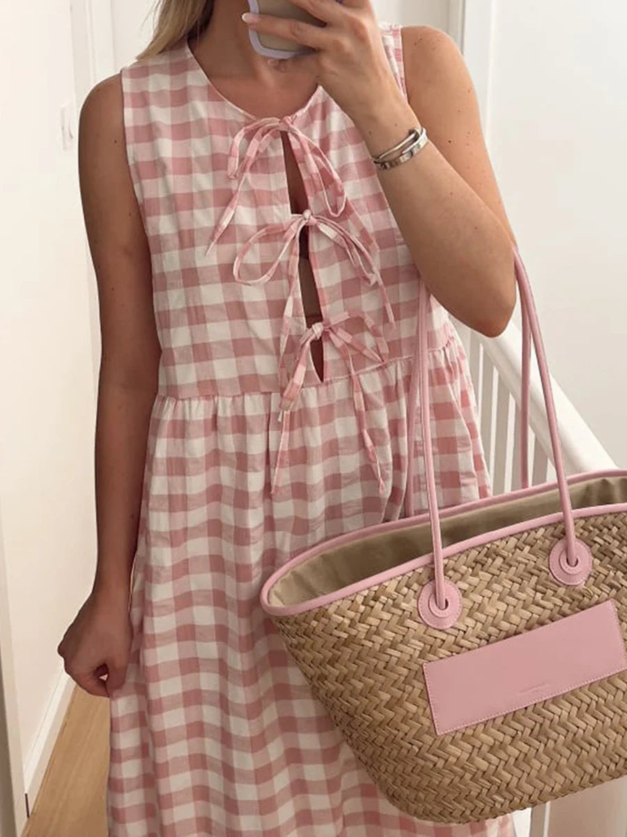 Casual Dresses- Gingham Plaid Tiered Sleeveless Midi Dress- - IndioGear Women Clothing