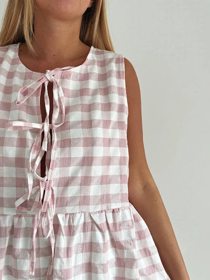 Casual Dresses- Gingham Plaid Tiered Sleeveless Midi Dress- - IndioGear Women Clothing