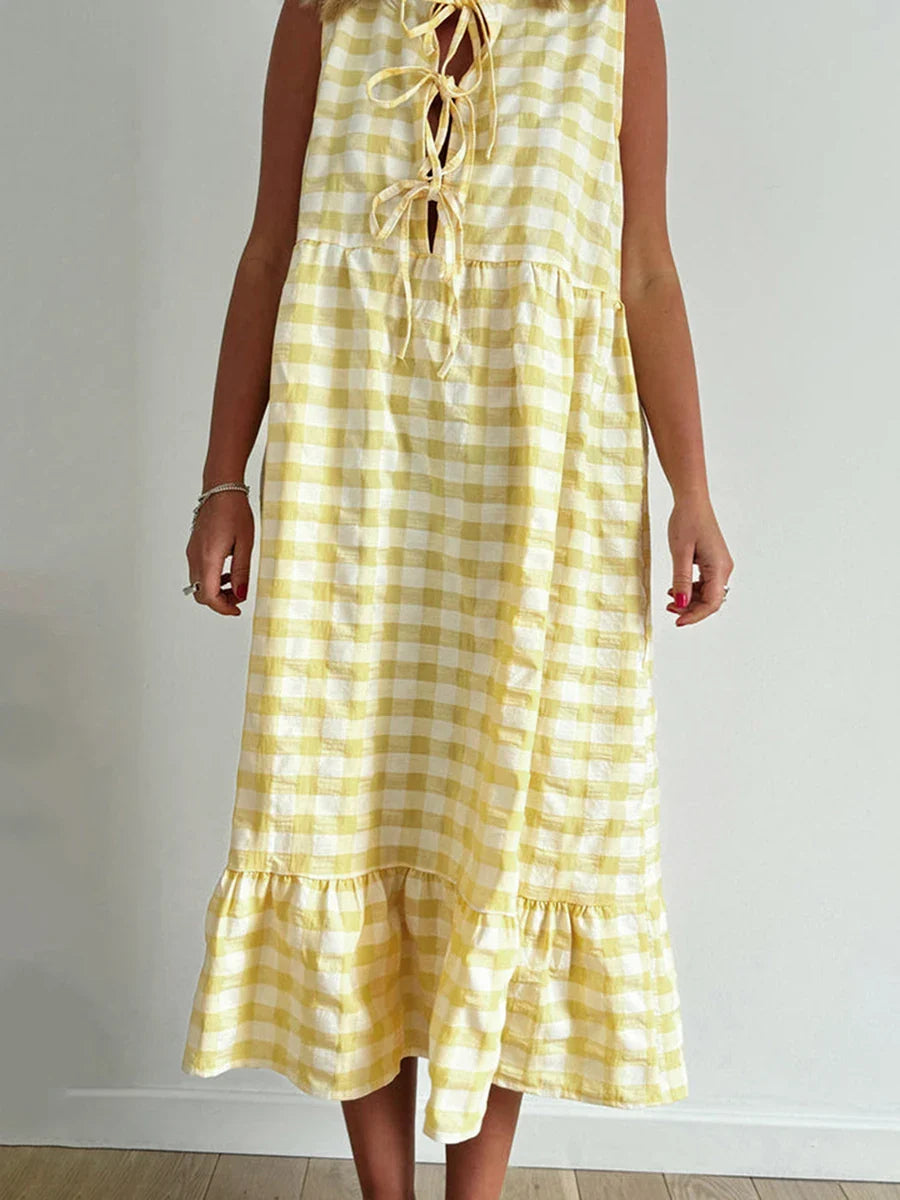 Casual Dresses- Gingham Plaid Tiered Sleeveless Midi Dress- - IndioGear Women Clothing