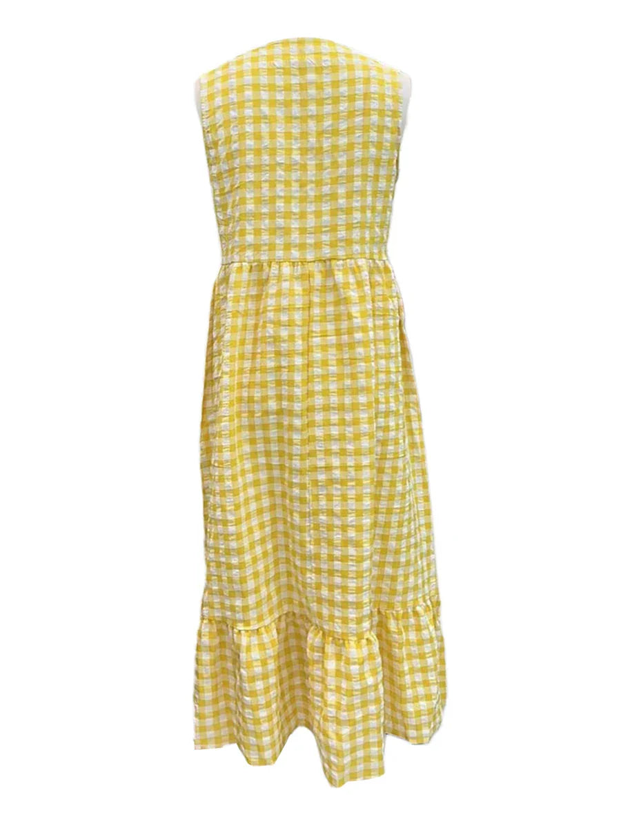 Casual Dresses- Gingham Plaid Tiered Sleeveless Midi Dress- - IndioGear Women Clothing