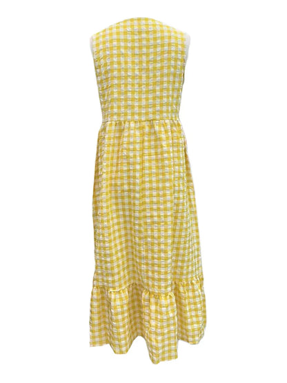 Casual Dresses- Gingham Plaid Tiered Sleeveless Midi Dress- - IndioGear Women Clothing