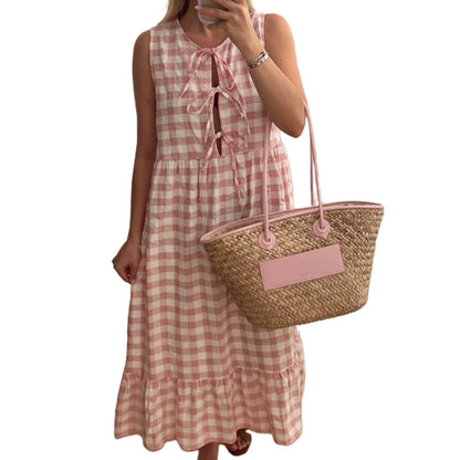 Casual Dresses- Gingham Plaid Tiered Sleeveless Midi Dress- Pink- IndioGear Women Clothing