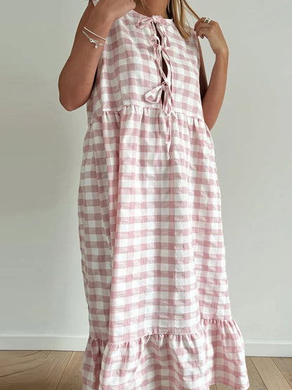 Casual Dresses- Gingham Plaid Tiered Sleeveless Midi Dress- - IndioGear Women Clothing