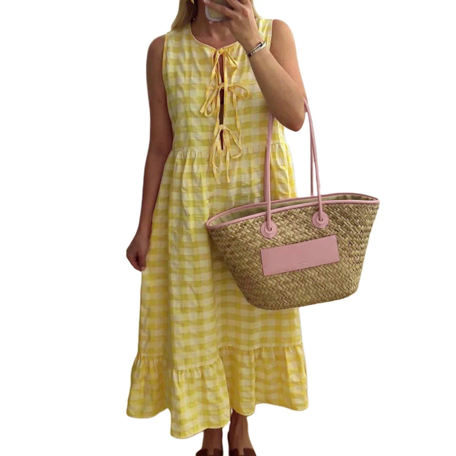 Casual Dresses- Gingham Plaid Tiered Sleeveless Midi Dress- Yellow- IndioGear Women Clothing