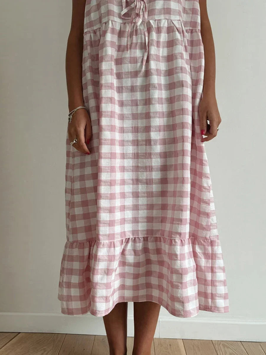 Casual Dresses- Gingham Plaid Tiered Sleeveless Midi Dress- - IndioGear Women Clothing