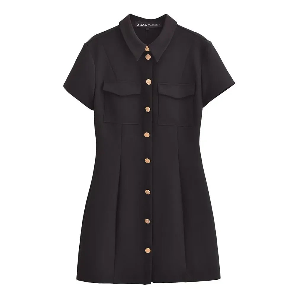 Casual Dresses- Loose-Fit Shirt Dress with Gold Buttons for Business Lunches- Black- IndioGear Women Clothing