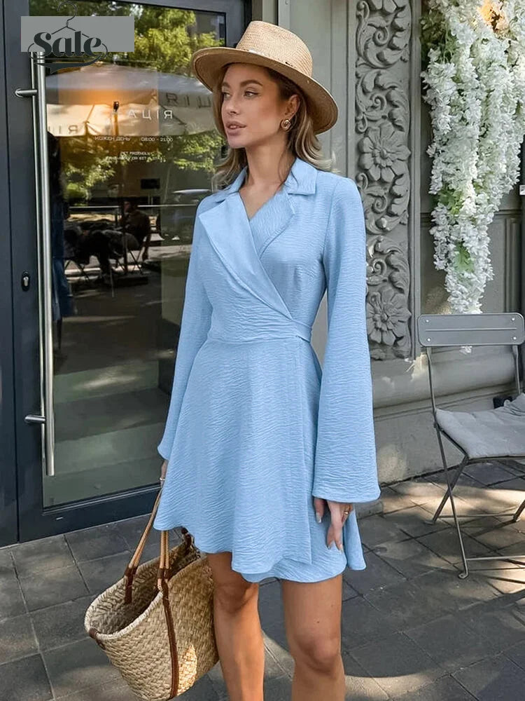 Casual Dresses- Notched Collar Textured Wrap Mini Dress- - IndioGear.com