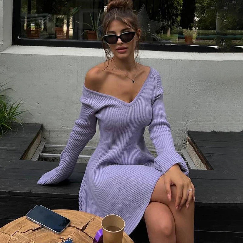 Casual Dresses- Off-Shoulder Ribbed Mini Sweater Dress- Purple- IndioGear.com