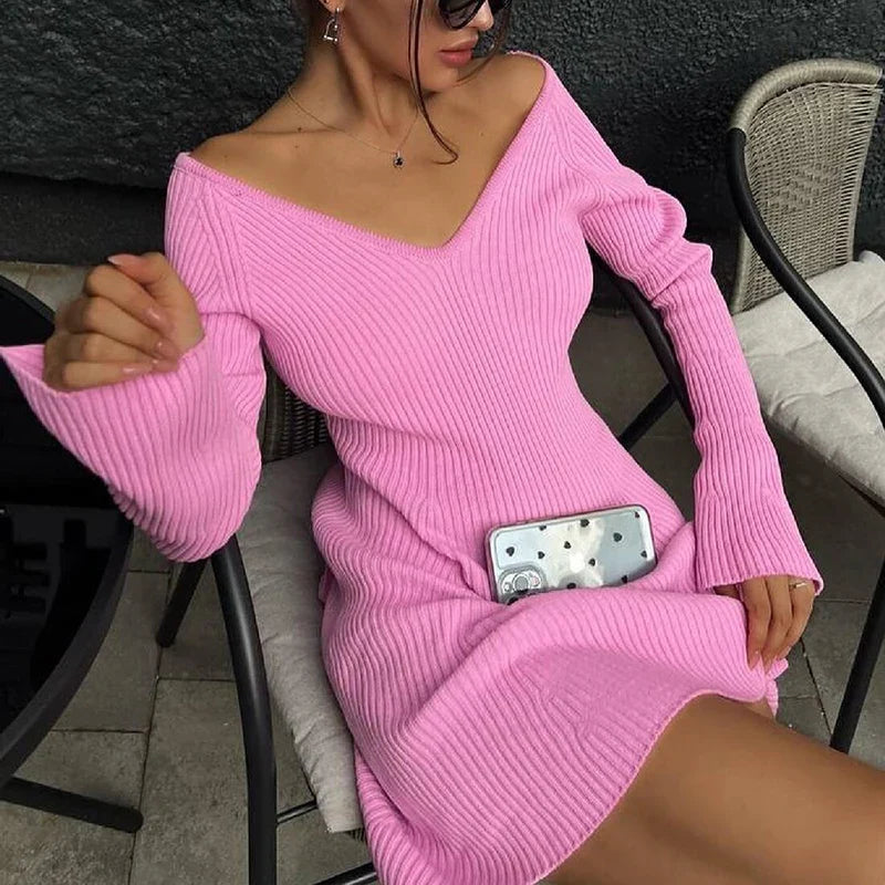 Casual Dresses- Off-Shoulder Ribbed Mini Sweater Dress- Pink- IndioGear.com