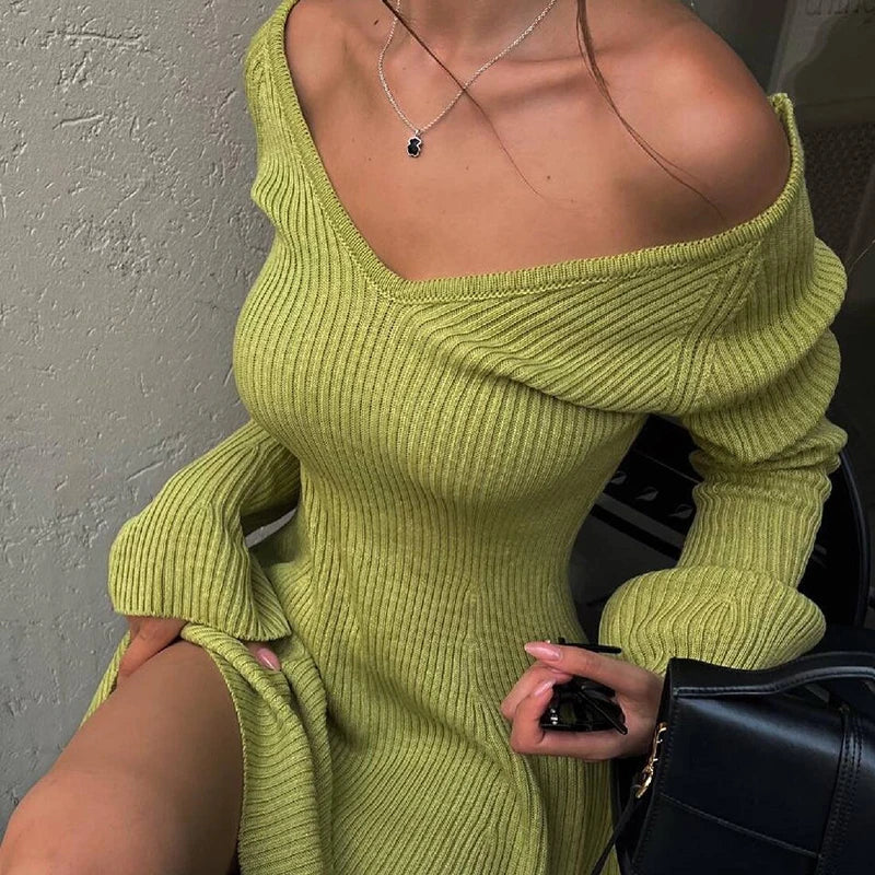 Casual Dresses- Off-Shoulder Ribbed Mini Sweater Dress- Green- IndioGear.com