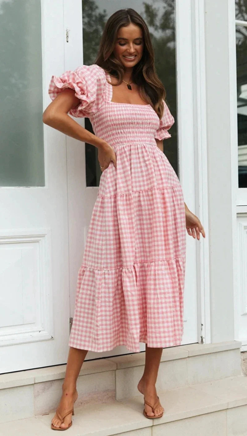 Casual Dresses- Pink Gingham Square Neck Midi Dress for Garden Parties- - IndioGear.com