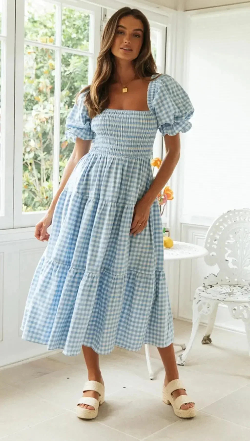 Casual Dresses- Pink Gingham Square Neck Midi Dress for Garden Parties- Blue- IndioGear.com