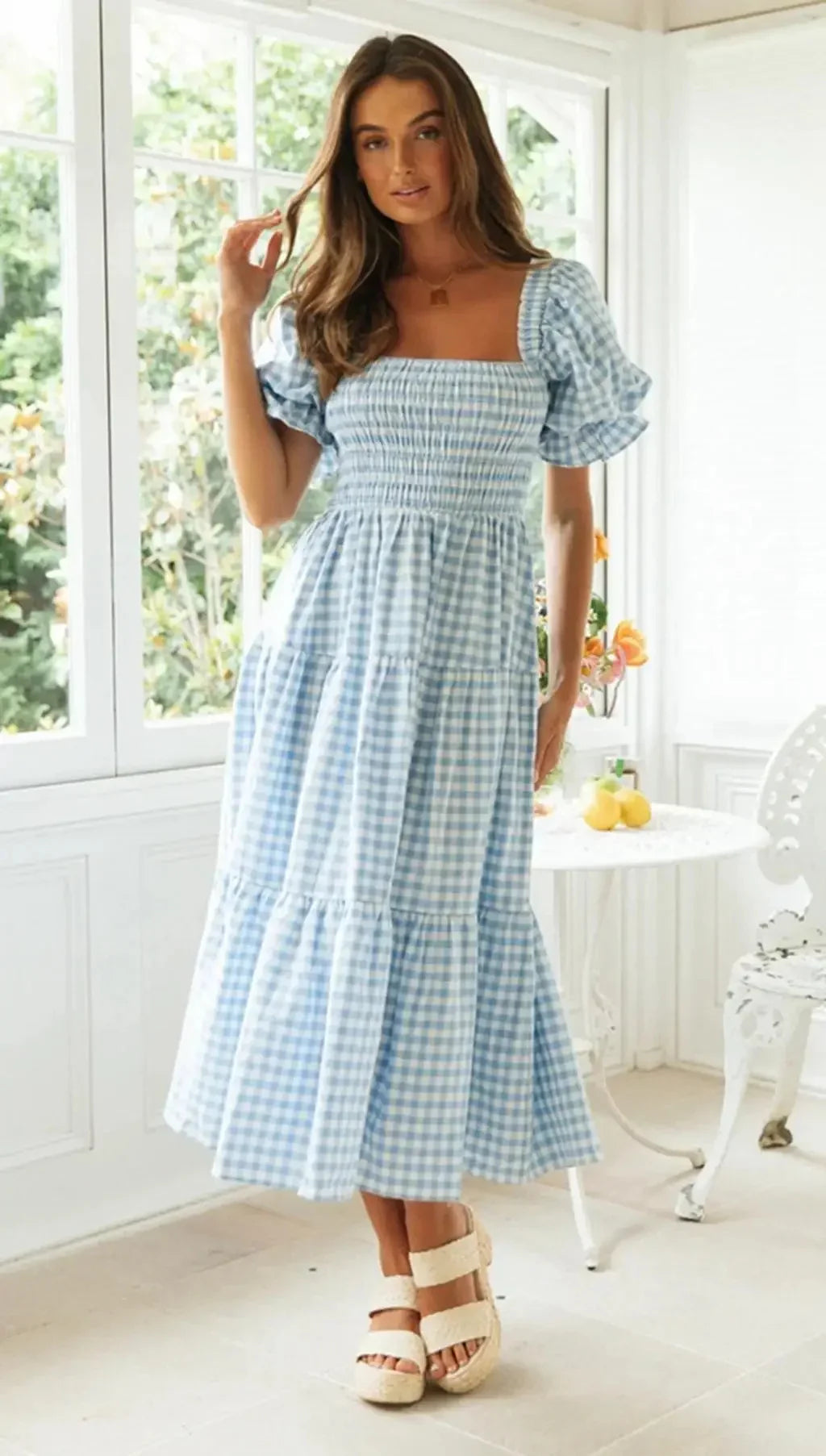 Casual Dresses- Pink Gingham Square Neck Midi Dress for Garden Parties- - IndioGear.com