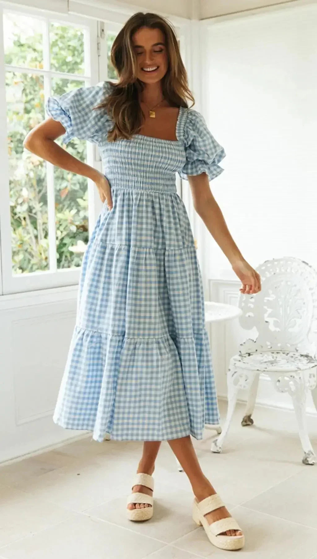 Casual Dresses- Pink Gingham Square Neck Midi Dress for Garden Parties- - IndioGear.com