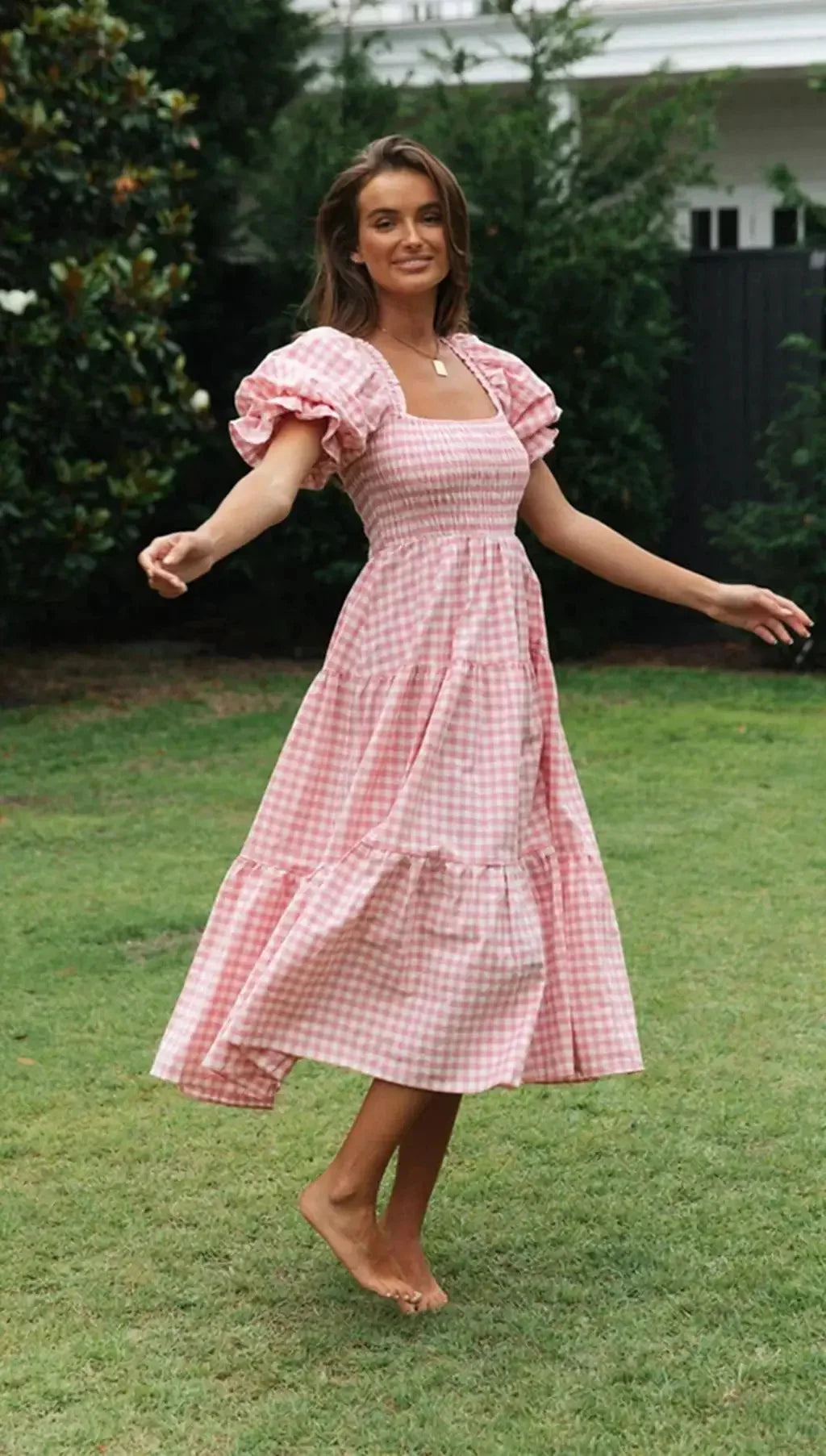 Casual Dresses- Pink Gingham Square Neck Midi Dress for Garden Parties- - IndioGear.com