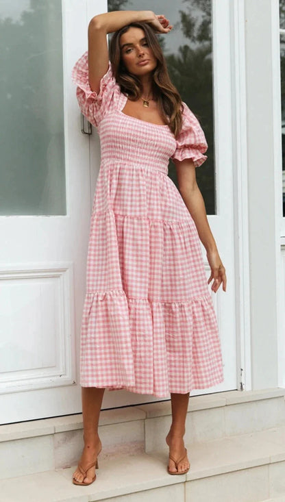 Casual Dresses- Pink Gingham Square Neck Midi Dress for Garden Parties- - IndioGear.com