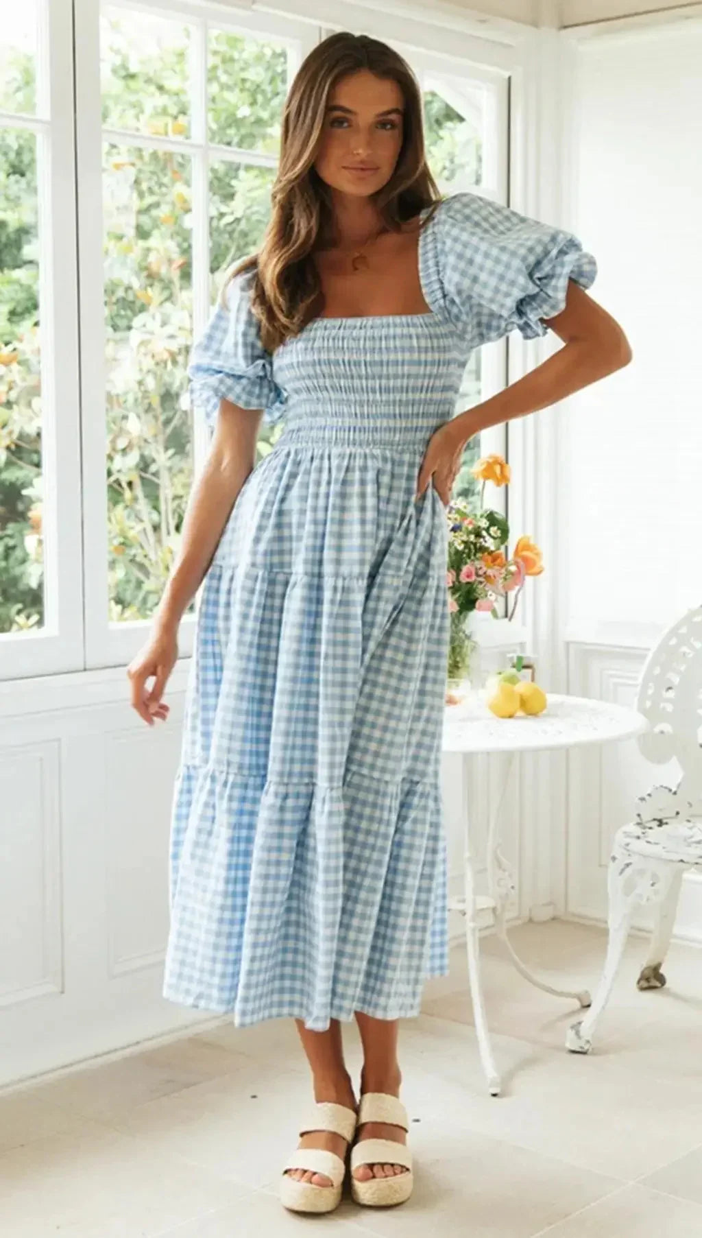 Casual Dresses- Pink Gingham Square Neck Midi Dress for Garden Parties- - IndioGear.com