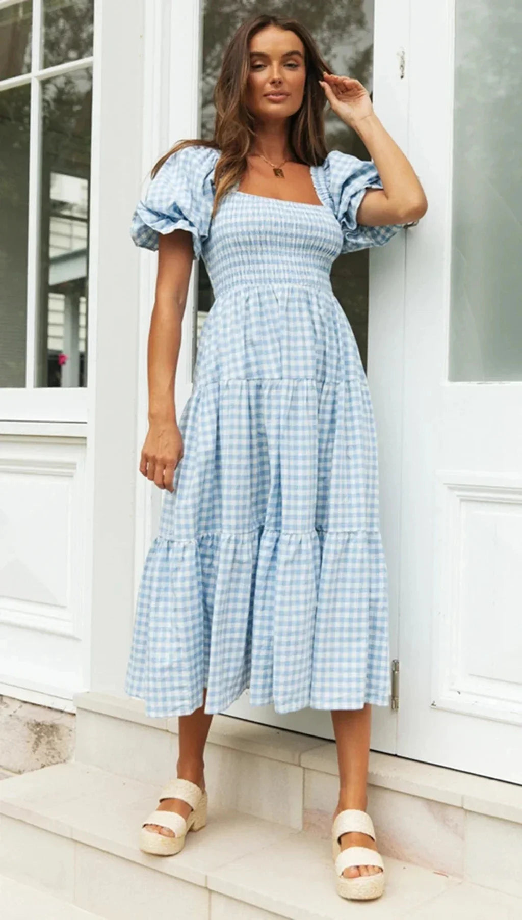 Casual Dresses- Pink Gingham Square Neck Midi Dress for Garden Parties- - IndioGear.com