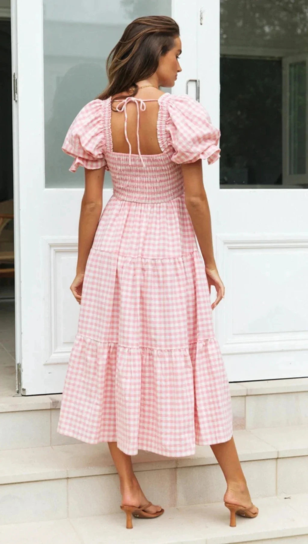 Casual Dresses- Pink Gingham Square Neck Midi Dress for Garden Parties- - IndioGear.com