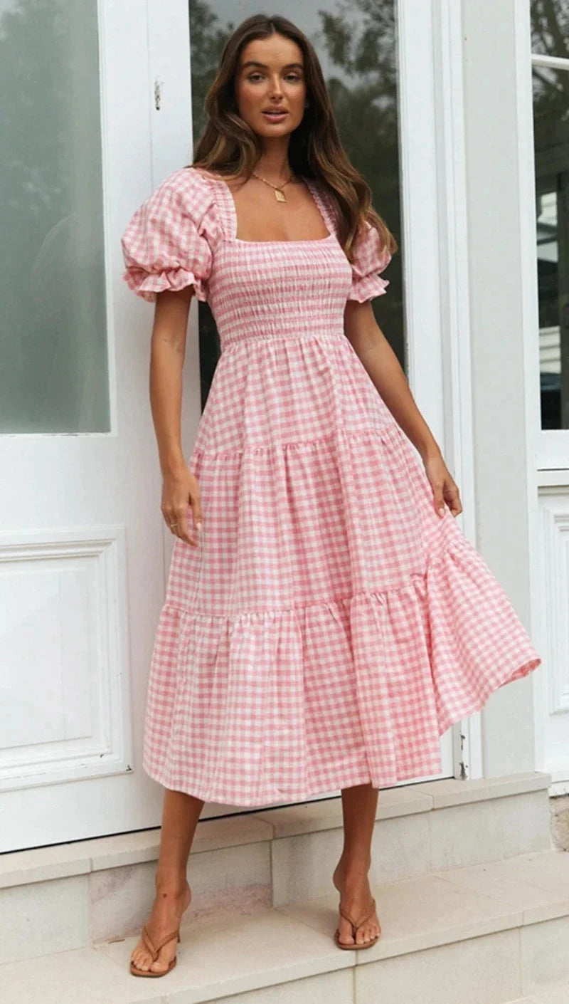 Casual Dresses- Pink Gingham Square Neck Midi Dress for Garden Parties- Pink- IndioGear.com