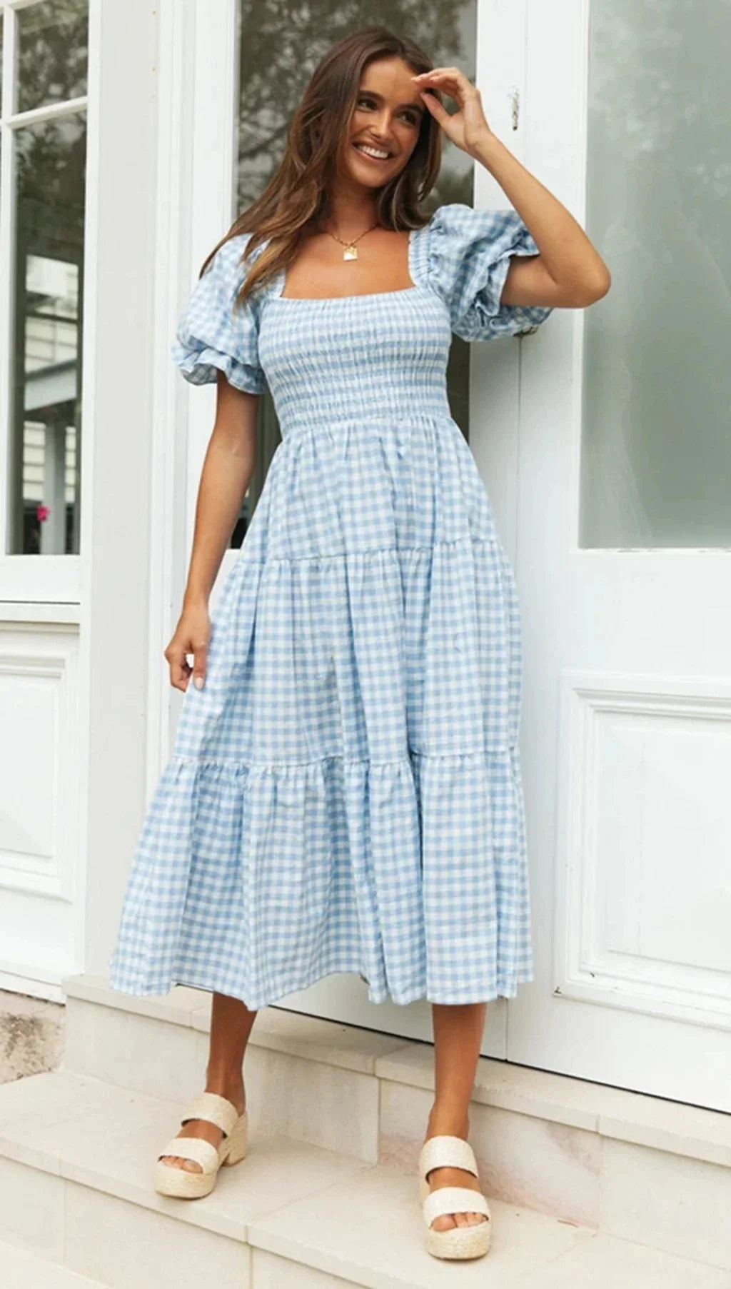 Casual Dresses- Pink Gingham Square Neck Midi Dress for Garden Parties- - IndioGear.com