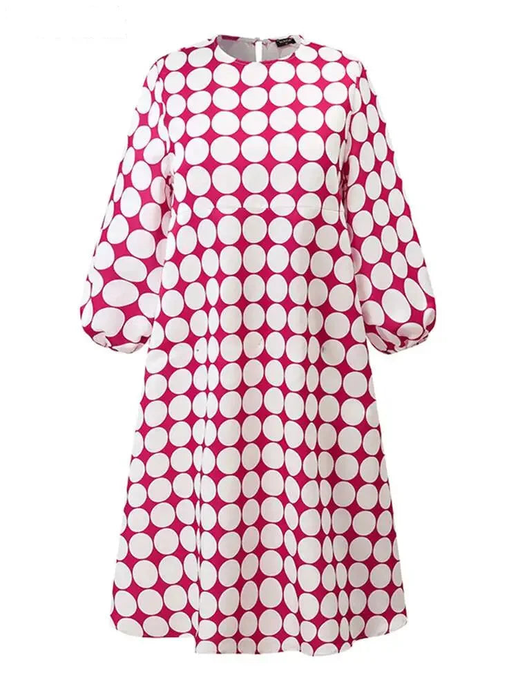 Casual Dresses- Playful Polka Women's Lantern Sleeve Tunic Midi Dress in Plus Sizes- - IndioGear Fashion and Gear