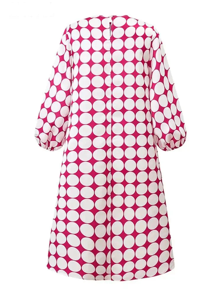 Casual Dresses- Playful Polka Women's Lantern Sleeve Tunic Midi Dress in Plus Sizes- - IndioGear Fashion and Gear