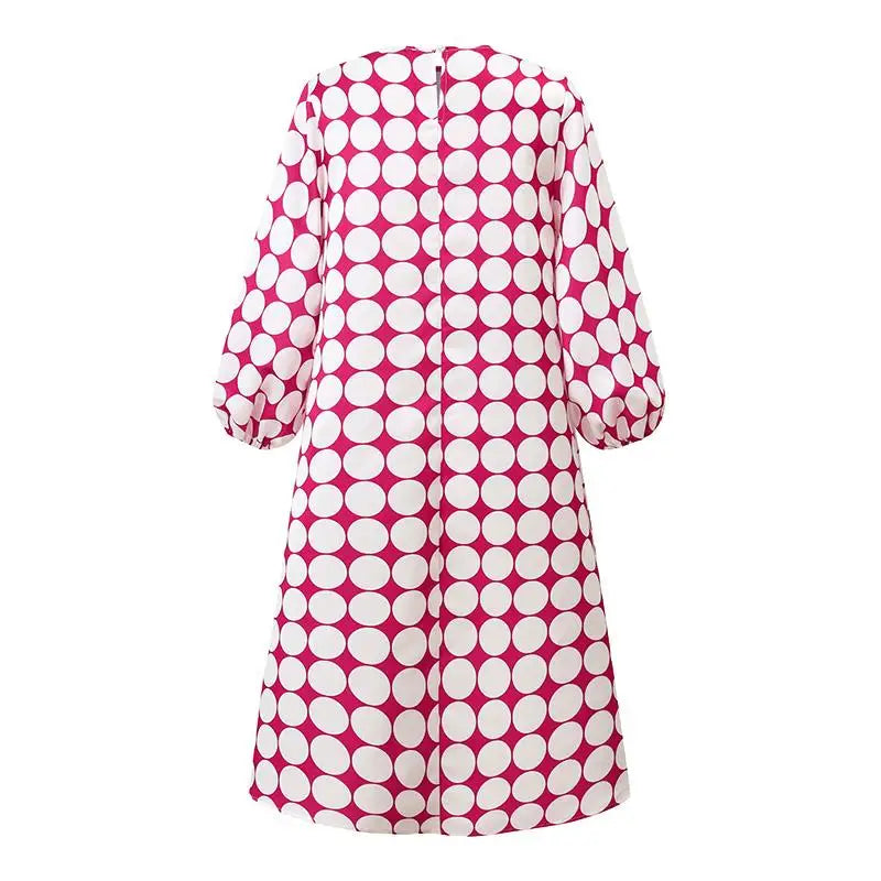 Casual Dresses- Playful Polka Women's Lantern Sleeve Tunic Midi Dress in Plus Sizes- - IndioGear Fashion and Gear