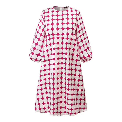 Casual Dresses- Playful Polka Women's Lantern Sleeve Tunic Midi Dress in Plus Sizes- - IndioGear Fashion and Gear