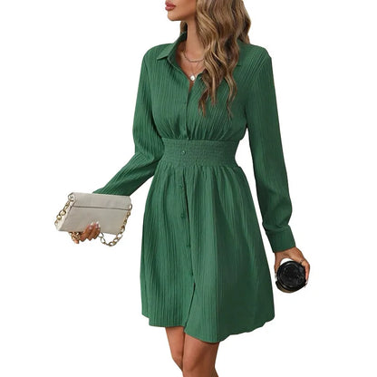 Casual Dresses- Pleated Shirt Dress for Coffee & Cocktails- Dark Green- IndioGear.com