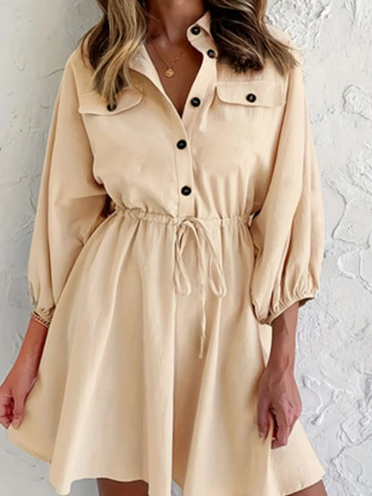 Casual Dresses- Plus Size Gathered Waist Shirt Dress- - IndioGear.com