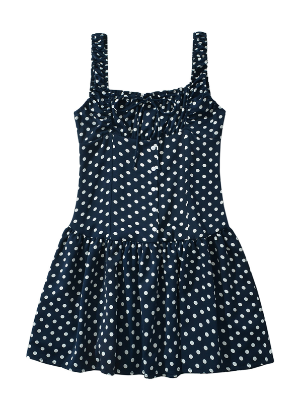 Casual Dresses- Polka Dot Drop-Waist Mini Dress- - IndioGear.com