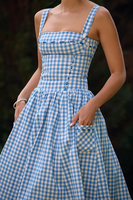 Casual Dresses- Retro-Chic Gingham Midi Dress- - IndioGear.com