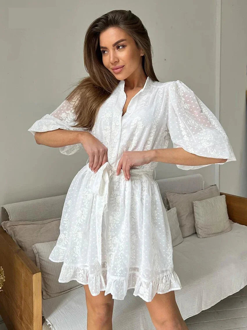 Casual Dresses- Romantic Embroidered A-line Dress with Flared Sleeves- White- IndioGear.com