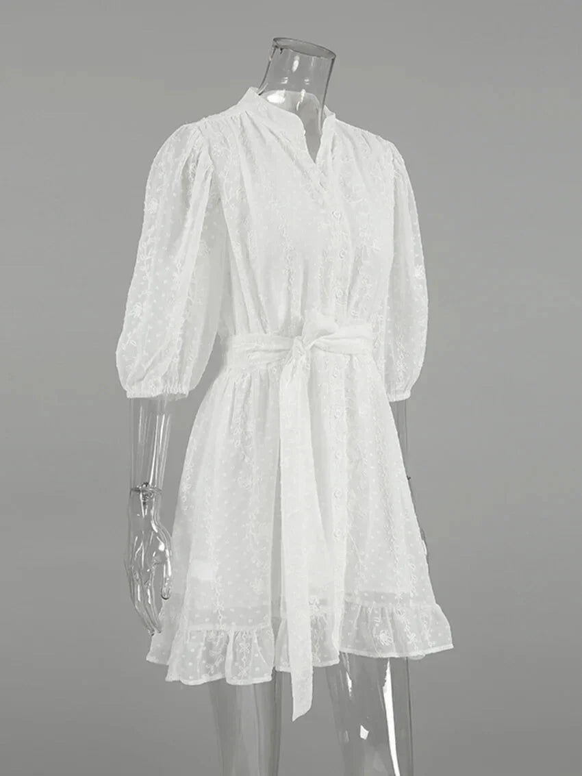 Casual Dresses- Romantic Embroidered A-line Dress with Flared Sleeves- - IndioGear.com