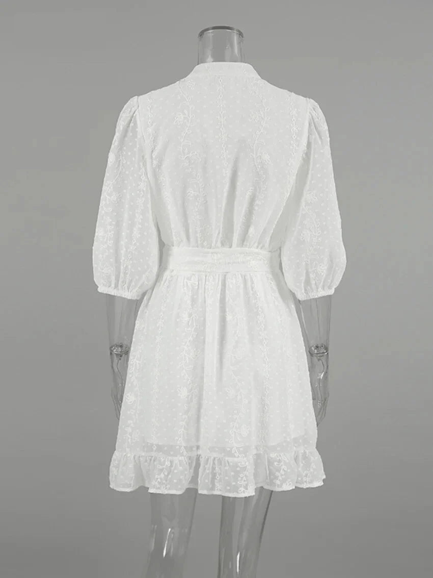 Casual Dresses- Romantic Embroidered A-line Dress with Flared Sleeves- - IndioGear.com