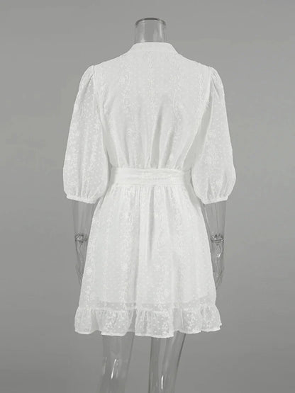 Casual Dresses- Romantic Embroidered A-line Dress with Flared Sleeves- - IndioGear.com