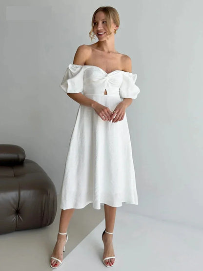 Casual Dresses- Romantic Off-Shoulder Midi Dress for Bridal Showers- - IndioGear.com