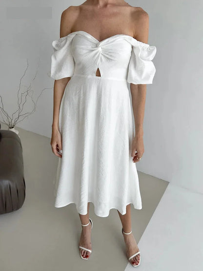 Casual Dresses- Romantic Off-Shoulder Midi Dress for Bridal Showers- - IndioGear.com