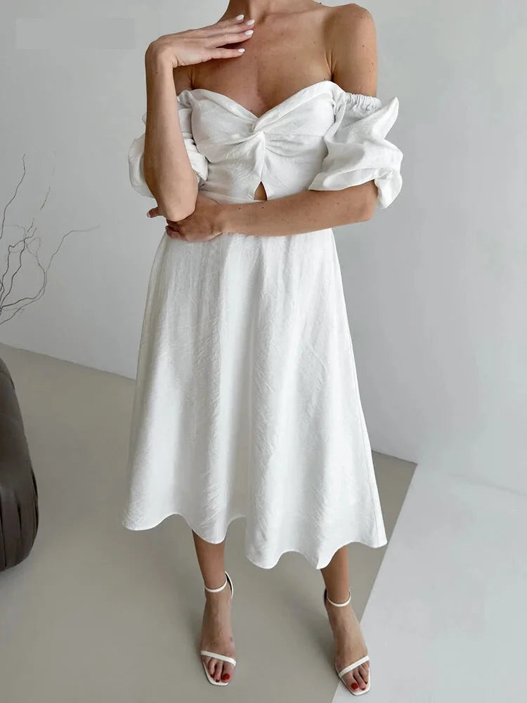 Casual Dresses- Romantic Off-Shoulder Midi Dress for Bridal Showers- - IndioGear.com