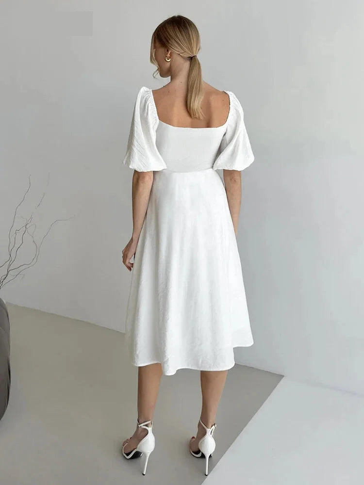 Casual Dresses- Romantic Off-Shoulder Midi Dress for Bridal Showers- - IndioGear.com