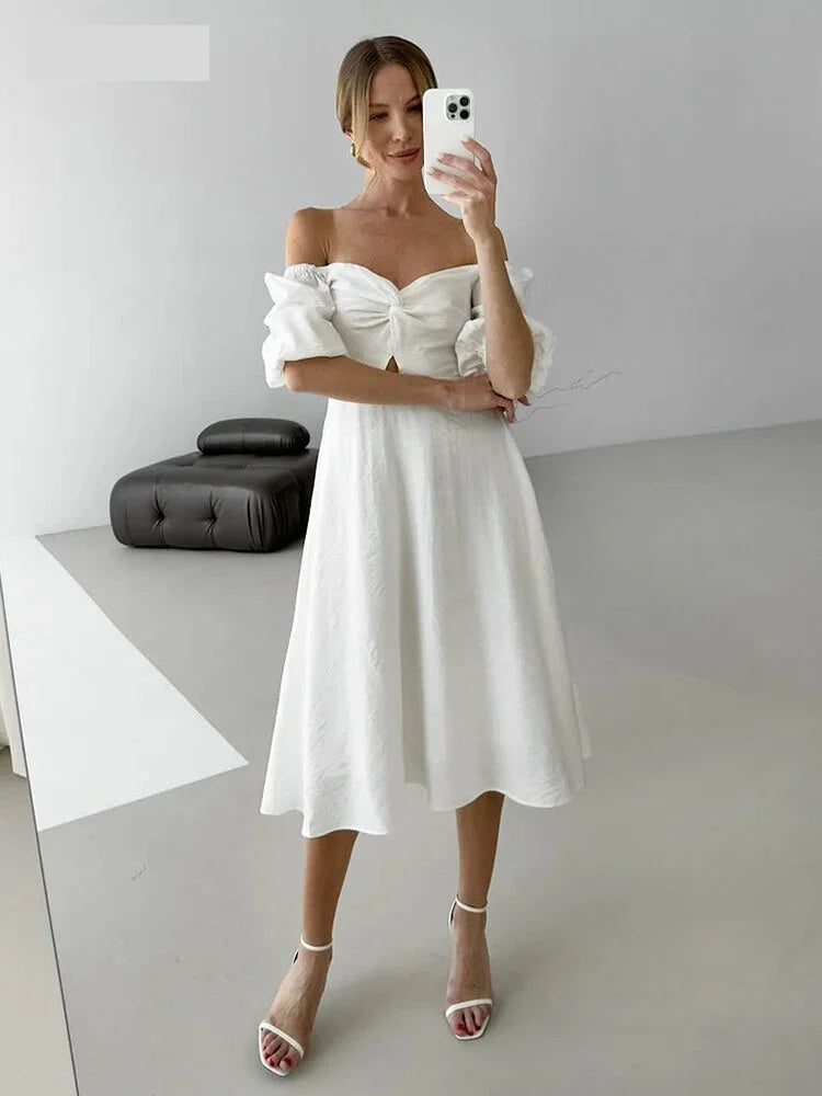 Casual Dresses- Romantic Off-Shoulder Midi Dress for Bridal Showers- White- IndioGear.com