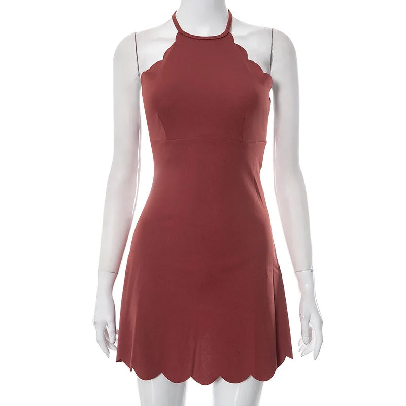 Casual Dresses- Scalloped Halter Dress for Summer Evenings- - IndioGear.com