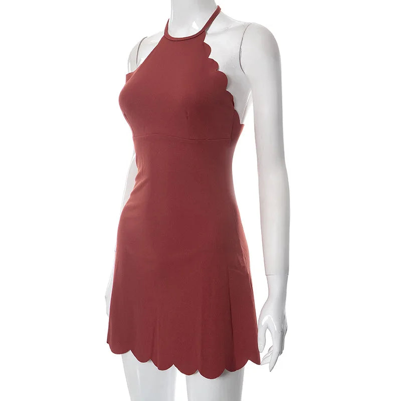 Casual Dresses- Scalloped Halter Dress for Summer Evenings- - IndioGear.com