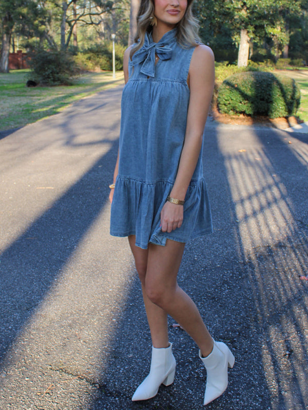 Casual Dresses- Sleeveless Denim Tunic Dress with Bow Front for Casual Events- - IndioGear.com