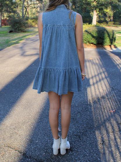 Casual Dresses- Sleeveless Denim Tunic Dress with Bow Front for Casual Events- - IndioGear.com