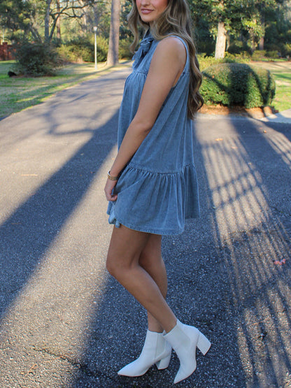 Casual Dresses- Sleeveless Denim Tunic Dress with Bow Front for Casual Events- - IndioGear.com