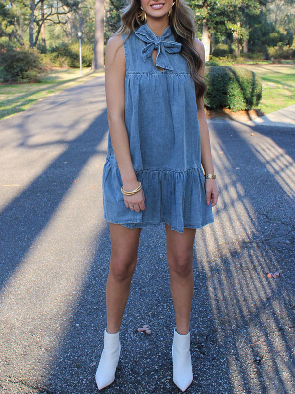 Casual Dresses- Sleeveless Denim Tunic Dress with Bow Front for Casual Events- Blue- IndioGear.com